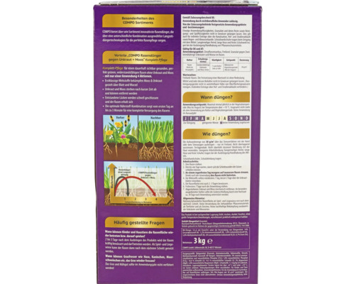 Rückseite der Compo Rasendüngerpackung mit Informationen zu Produkteigenschaften, Anwendung und häufig gestellten Fragen