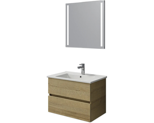 Set de meubles de salle de bains Pelipal Cavallino lxhxp 75 x 200 x 45 cm couleur de façade chêne riviera avec vasque en céramique blanc, meuble sous vasque et miroir