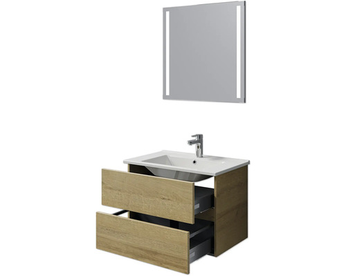 Combinaison de lavabo avec meuble bas ouvert et miroir lumineux pour la salle de bain