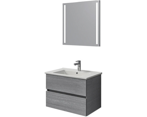 Badmöbel-Set Pelipal Cavallino BxHxT 75 x 200 x 45 cm Frontfarbe graphit struktur quer mit Keramik-Waschtisch weiß, Waschtischunterschrank und Spiegel
