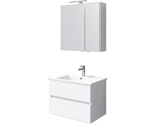 Set de meubles de salle de bains Pelipal Cavallino lxhxp 75 x 200 x 45 cm couleur de façade blanc haute brillance avec vasque en céramique blanc, meuble sous vasque et armoire de toilette avec éclairage LED