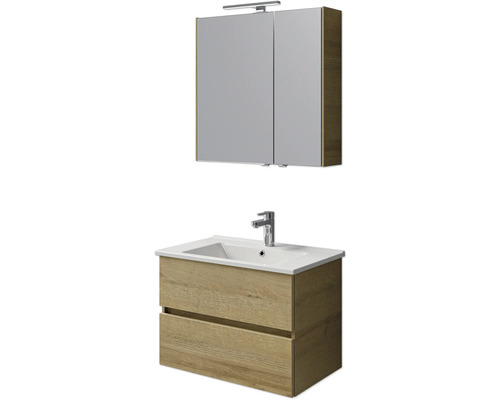 Badmöbel-Set Pelipal Cavallino BxHxT 75 x 200 x 45 cm Frontfarbe eiche riviera mit Keramik-Waschtisch weiß, Waschtischunterschrank und Spiegelschrank mit LED-Beleuchtung Waschtischunterschrank mit Waschbecken und Spiegelschrank für das Badezimmer