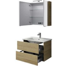 Waschtisch mit zwei Schubladen, Waschbecken und Spiegelschrank mit Regalböden