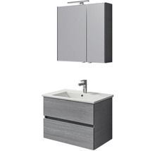 Meuble sous-vasque avec deux tiroirs, vasque à poser et armoire de toilette avec éclairage