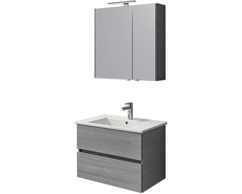 Badmöbel-Set Pelipal Cavallino BxHxT 75 x 200 x 45 cm Frontfarbe graphit struktur quer mit Keramik-Waschtisch weiß, Waschtischunterschrank und Spiegelschrank mit LED-Beleuchtung Waschtischunterschrank mit zwei Schubladen, Aufsatzwaschbecken und Spiegelschrank mit Beleuchtung