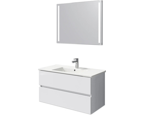 Set de meubles de salle de bains Pelipal Cavallino lxhxp 100 x 200 x 45 cm couleur de façade blanc haute brillance avec vasque en céramique blanc, meuble sous vasque et miroir