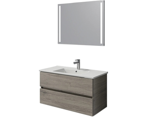 Set de meubles de salle de bains Pelipal Cavallino lxhxp 100 x 200 x 45 cm couleur de façade chêne sanremo avec vasque en céramique blanc, meuble sous vasque et miroir