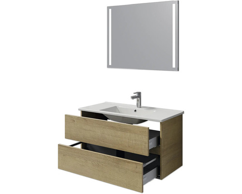 Ensemble de meuble-lavabo avec deux tiroirs, lavabo, robinet et miroir avec éclairage