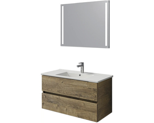 Set de meubles de salle de bains Pelipal Cavallino lxhxp 100 x 200 x 45 cm couleur de façade chêne ribbeck avec vasque en céramique blanc, meuble sous vasque et miroir
