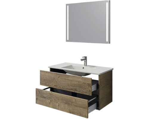 Waschtischkombination mit zwei Schubladen, Aufsatzwaschbecken und Spiegel mit Beleuchtung für das Badezimmer