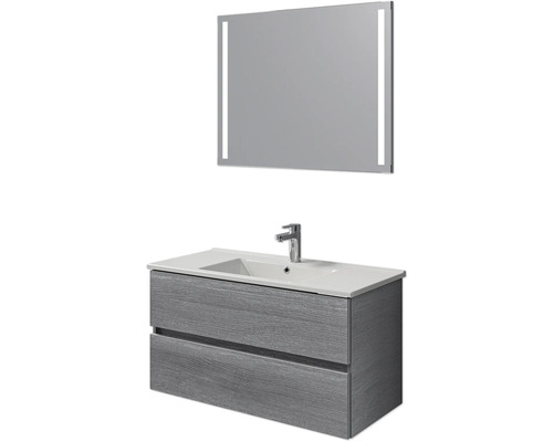 Set de meubles de salle de bains Pelipal Cavallino lxhxp 100 x 200 x 45 cm couleur de façade graphite structure transversale avec vasque en céramique blanc, meuble sous vasque et miroir