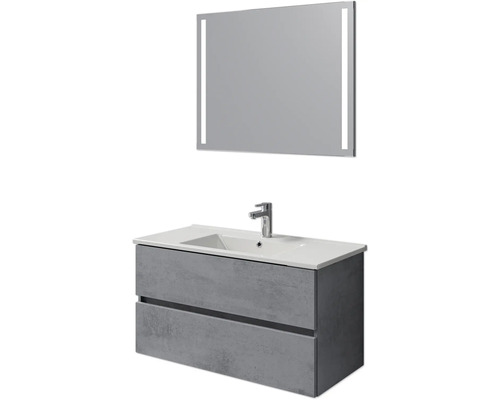 Set de meubles de salle de bains Pelipal Cavallino lxhxp 100 x 200 x 45 cm couleur de façade gris foncé oxydé avec vasque en céramique blanc, meuble sous vasque et miroir