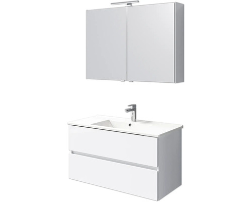 Badmöbel-Set Pelipal Cavallino BxHxT 100 x 200 x 46 cm Frontfarbe weiß hochglanz mit Keramik-Waschtisch weiß, Waschtischunterschrank und Spiegelschrank mit LED-Beleuchtung Badezimmermöbelset mit Waschbeckenunterschrank, Waschbecken und Spiegelschrank