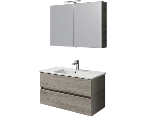 Set de meubles de salle de bains Pelipal Cavallino lxhxp 100 x 200 x 46 cm couleur de façade chêne sanremo avec vasque en céramique blanc, meuble sous vasque et armoire de toilette avec éclairage LED