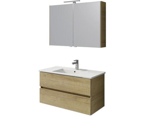 Set de meubles de salle de bains Pelipal Cavallino lxhxp 100 x 200 x 46 cm couleur de façade chêne riviera avec vasque en céramique blanc, meuble sous vasque et armoire de toilette avec éclairage LED
