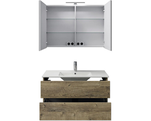 Ensemble de meubles de salle de bain avec meuble sous-lavabo aspect bois et armoire de toilette avec compartiments intérieurs