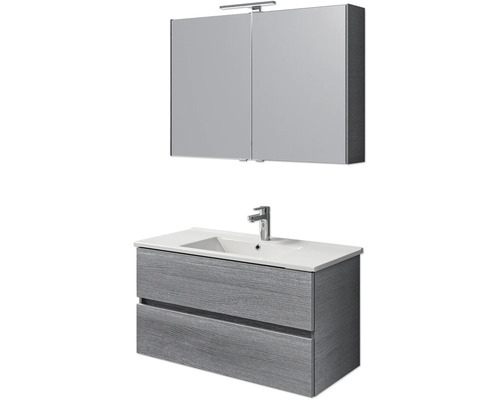 Set de meubles de salle de bains Pelipal Cavallino lxhxp 100 x 200 x 46 cm couleur de façade graphite structure transversale avec vasque en céramique blanc, meuble sous vasque et armoire de toilette avec éclairage LED