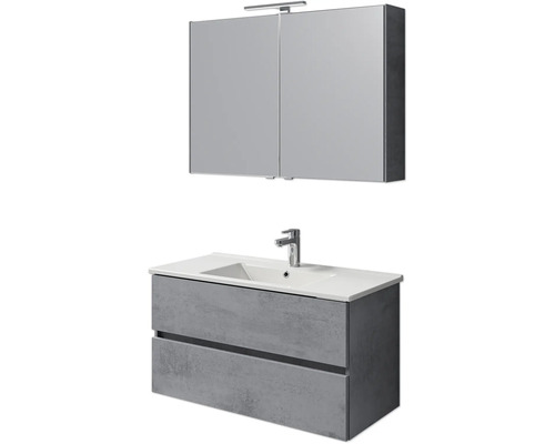 Badmöbel-Set Pelipal Cavallino BxHxT 100 x 200 x 46 cm Frontfarbe oxid dunkelgrau mit Keramik-Waschtisch weiß, Waschtischunterschrank und Spiegelschrank mit LED-Beleuchtung Badezimmermöbel Set mit Waschtischunterschrank, Waschbecken und Spiegelschrank