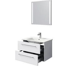 Ensemble de salle de bains avec meuble sous-lavabo, deux tiroirs, lavabo et miroir