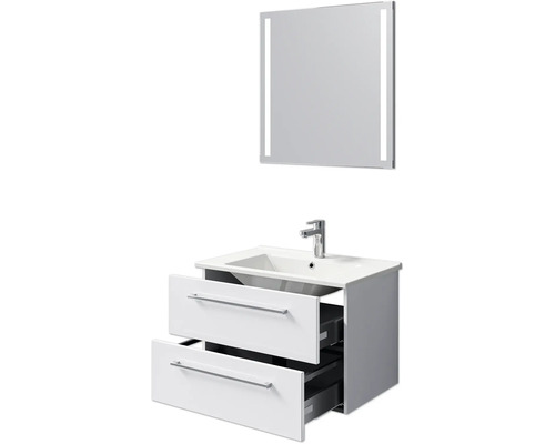 Ensemble de salle de bains avec meuble sous-lavabo, deux tiroirs, lavabo et miroir