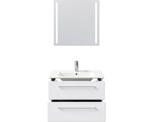 Meuble-lavabo avec deux tiroirs, lavabo à poser et miroir éclairé