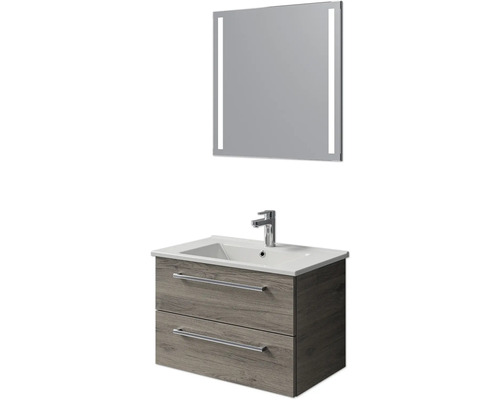Set de meubles de salle de bains Pelipal Cavallino lxhxp 75 x 200 x 45 cm couleur de façade chêne sanremo avec vasque en céramique blanc, meuble sous vasque avec poignée et miroir