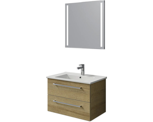 Set de meubles de salle de bains Pelipal Cavallino lxhxp 75 x 200 x 45 cm couleur de façade chêne riviera avec vasque en céramique blanc, meuble sous vasque avec poignée et miroir