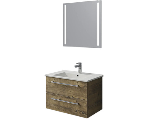 Set de meubles de salle de bains Pelipal Cavallino lxhxp 75 x 200 x 45 cm couleur de façade chêne ribbeck avec vasque en céramique blanc, meuble sous vasque avec poignée et miroir