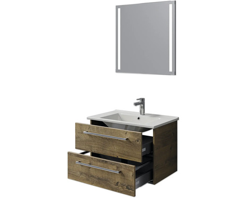 Waschtischkombination mit Waschbeckenunterschrank, Aufsatzwaschbecken und Spiegel mit Beleuchtung