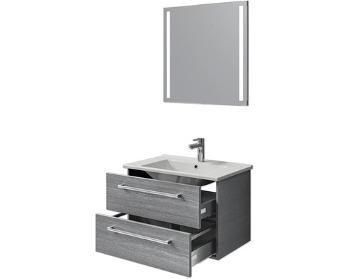 Ensemble de salle de bains avec meuble sous-lavabo à deux tiroirs, lavabo et miroir avec éclairage