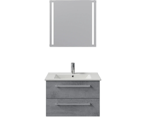 Meuble-lavabo avec deux tiroirs, lavabo et miroir éclairé pour la salle de bains