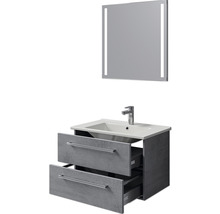 Meuble-lavabo avec deux tiroirs, lavabo à poser et miroir éclairé