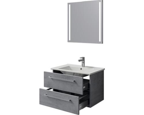 Meuble-lavabo avec deux tiroirs, lavabo à poser et miroir éclairé