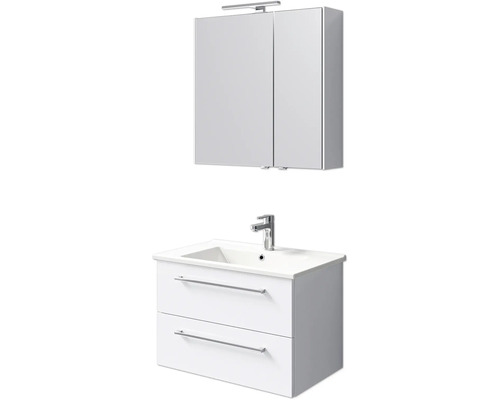 Set de meubles de salle de bains Pelipal Cavallino lxhxp 75 x 200 x 45 cm couleur de façade blanc haute brillance avec vasque en céramique blanc, meuble sous vasque avec poignée et armoire de toilette avec éclairage LED