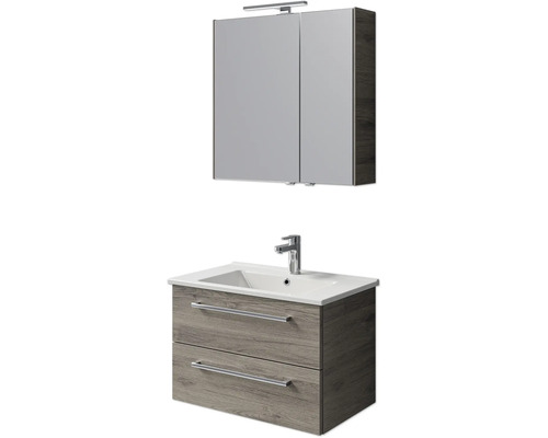 Set de meubles de salle de bains Pelipal Cavallino lxhxp 75 x 200 x 45 cm couleur de façade chêne sanremo avec vasque en céramique blanc, meuble sous vasque avec poignée et armoire de toilette avec éclairage LED