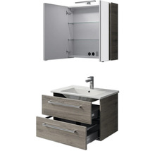 Badezimmermöbel Set mit Waschbeckenunterschrank, zwei Schubladen und Spiegelschrank mit offenen Türen und Glasböden