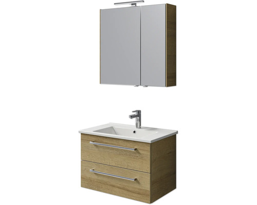 Set de meubles de salle de bains Pelipal Cavallino lxhxp 75 x 200 x 45 cm couleur de façade chêne riviera avec vasque en céramique blanc, meuble sous vasque avec poignée et armoire de toilette avec éclairage LED