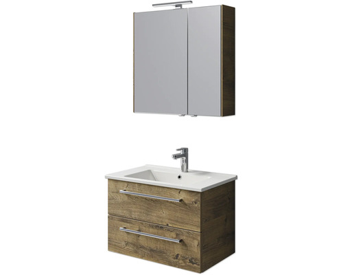 Set de meubles de salle de bains Pelipal Cavallino lxhxp 75 x 200 x 45 cm couleur de façade chêne ribbeck avec vasque en céramique blanc, meuble sous vasque avec poignée et armoire de toilette avec éclairage LED