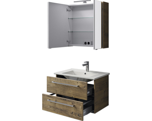 Meuble-lavabo avec deux tiroirs et armoire de toilette avec portes ouvertes et étagères en verre