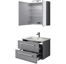 Badezimmer-Set mit Waschbeckenunterschrank, zwei Schubladen, Waschbecken und Spiegelschrank mit geöffneten Türen