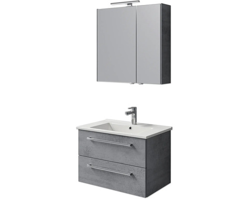 Set de meubles de salle de bains Pelipal Cavallino lxhxp 75 x 200 x 45 cm couleur de façade gris foncé oxydé avec vasque en céramique blanc, meuble sous vasque avec poignée et armoire de toilette avec éclairage LED