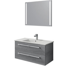 Badezimmerset mit Waschbeckenunterschrank, Waschbecken und Spiegel mit Beleuchtung