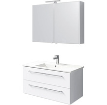 Badezimmer Waschtisch mit zwei Schubladen, Aufsatzwaschbecken und Spiegelschrank mit Beleuchtung
