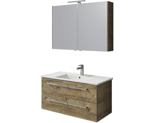 Badmöbel-Set Pelipal Cavallino BxHxT 100 x 200 x 46 cm Frontfarbe eiche ribbeck mit Keramik-Waschtisch weiß, Waschtischunterschrank mit Griff und Spiegelschrank mit LED-Beleuchtung Badezimmerset mit Waschtischunterschrank, Waschbecken und Spiegelschrank