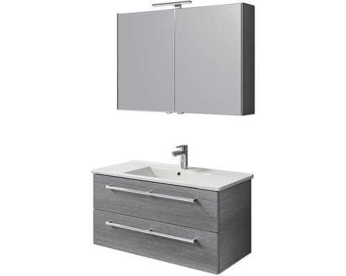 Set de meubles de salle de bains Pelipal Cavallino lxhxp 100 x 200 x 46 cm couleur de façade graphite structure transversale avec vasque en céramique blanc, meuble sous vasque avec poignée et armoire de toilette avec éclairage LED