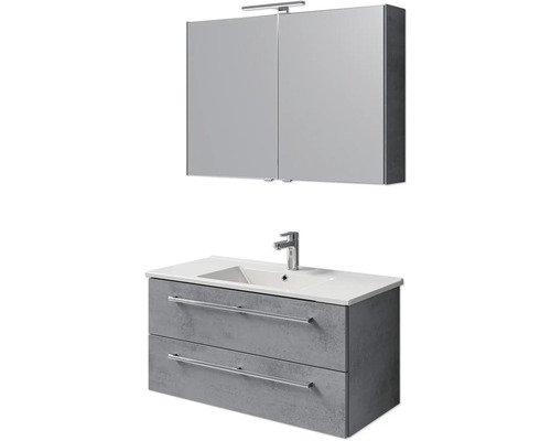 Badmöbel-Set Pelipal Cavallino BxHxT 100 x 200 x 46 cm Frontfarbe oxid dunkelgrau mit Keramik-Waschtisch weiß, Waschtischunterschrank mit Griff und Spiegelschrank mit LED-Beleuchtung Waschtisch mit zwei Schubladen, Aufsatzwaschbecken und Spiegelschrank mit Beleuchtung