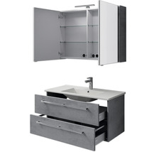 Badezimmermöbel Set mit Waschbecken, Unterschrank mit zwei Schubladen und Spiegelschrank mit offenen Türen und Glasregalen