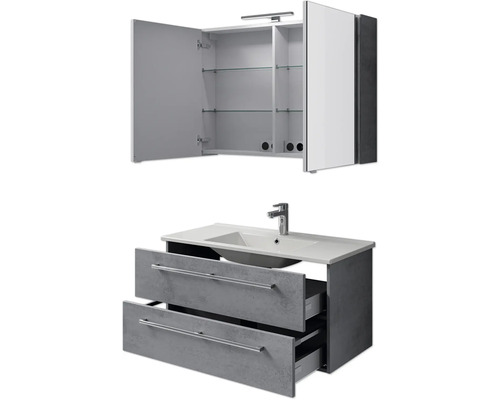 Badezimmermöbel Set mit Waschbecken, Unterschrank mit zwei Schubladen und Spiegelschrank mit offenen Türen und Glasregalen