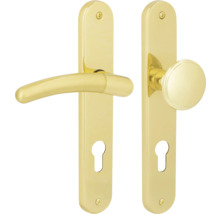 Garniture de ferrures de porte avec plaque longue et poignée de porte ainsi que bouton