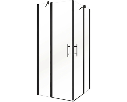 Eckdusche mit schwarzen Profilen und Glastüren